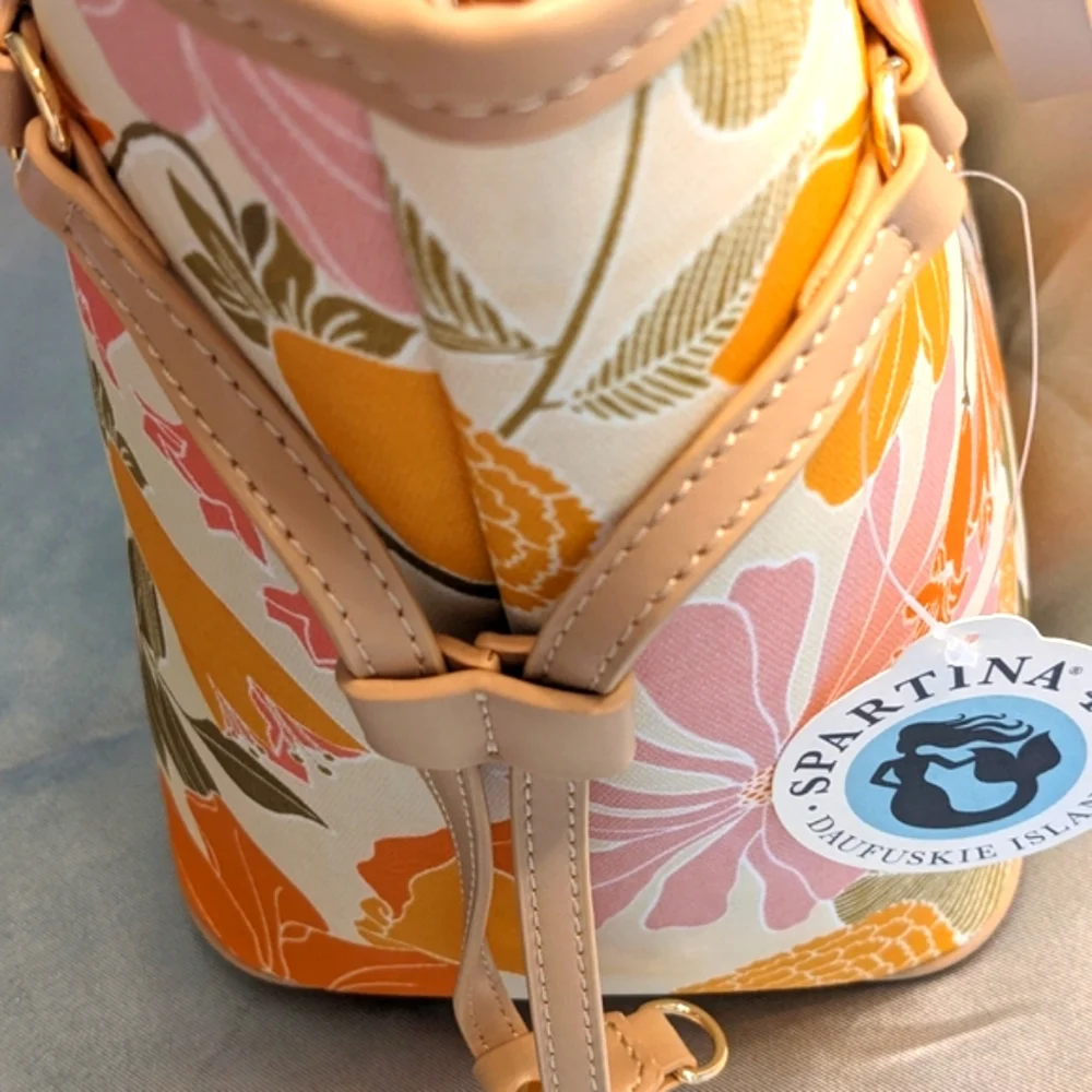 Spartina 449 Pink and Orange Floral Tote Bag with Leather Handles. NWT